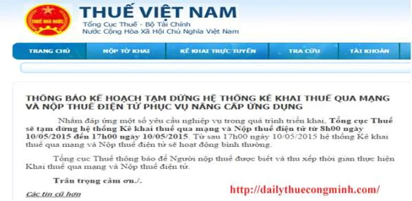 TẠM DỪNG HỆ THỐNG KÊ KHAI THUẾ QUA MẠNG