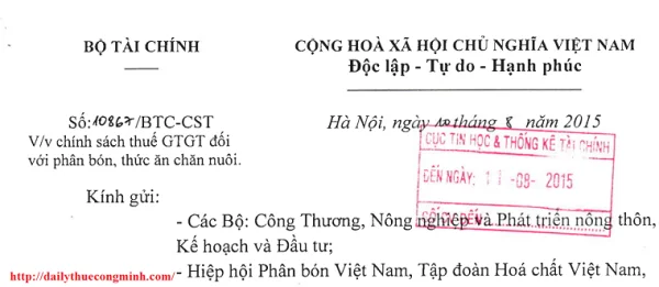 Công văn 10867/BTC-CST thức ăn chăn nuôi không chịu thuế