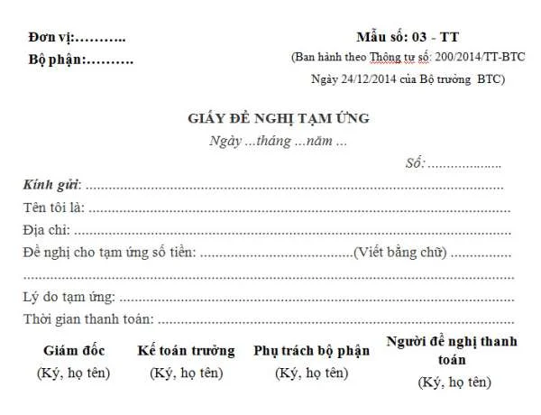 Mẫu giấy đề nghị tạm ứng theo thông tư 200-Mẫu số: 03-TT