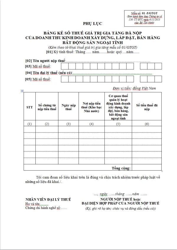 Mẫu số 01-5/GTGT theo Thông tư số 156/2013/TT-BTC