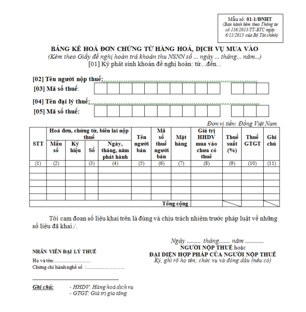 Mẫu 01-1/ĐNHT Ban hành theo Thông tư 156/2013/TT-BTC