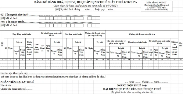 Mẫu 01-3/GTGT Ban hành theo Thông tư 156/2013/TT-BTC