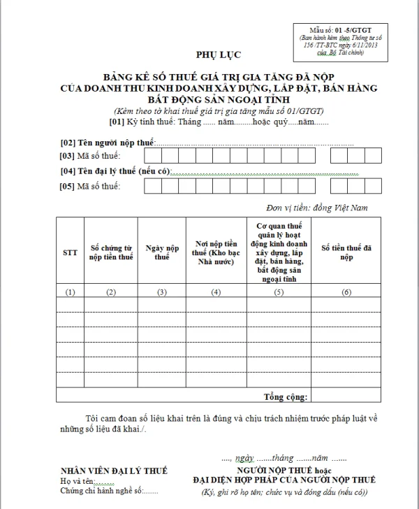 Mẫu 01 -5/GTGT Ban hành theo Thông tư 156/TT-BTC