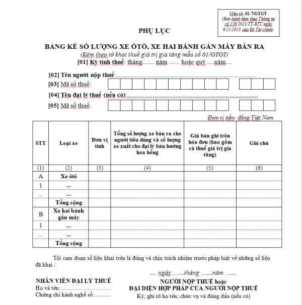 Mẫu 01-7/GTGT Ban hành theo Thông tư 156/2013/TT-BTC