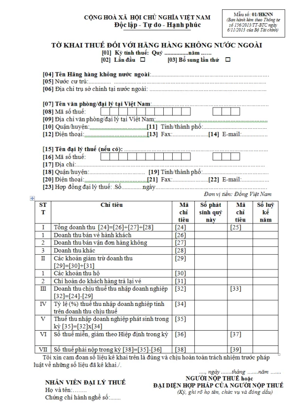 Mẫu 01/HKNN Ban hành theo Thông tư 156/2013/TT-BTC