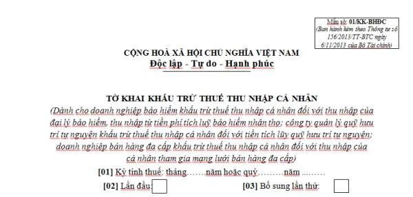 Mẫu 01/KK-BHĐC Ban hành theo Thông tư 156/2013/TT-BTC