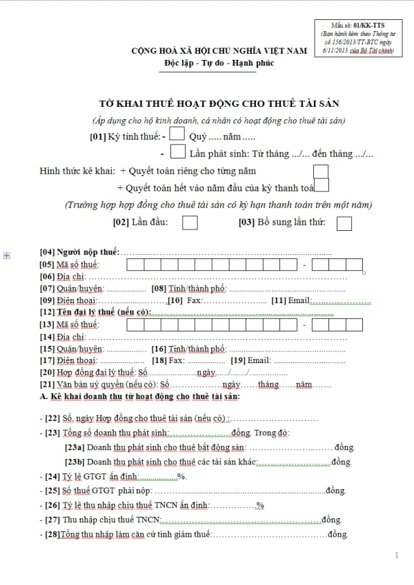 Mẫu 01/KK-TTS Ban hành theo Thông tư 156/2013/TT-BTC