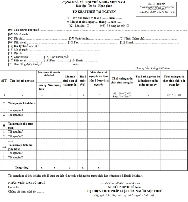 Mẫu 01/TAIN Ban hành theo Thông tư 156/2013/TT-BTC