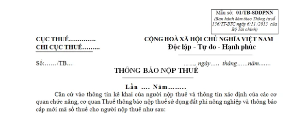 Mẫu 01/TB-SDDPNN Ban hành theo Thông tư 156/TT-BTC