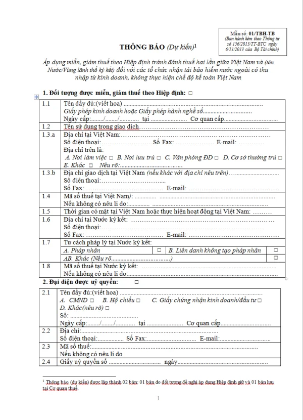 Mẫu 01/TBH-TB Ban hành theo Thông tư 156/2013/TT-BTC