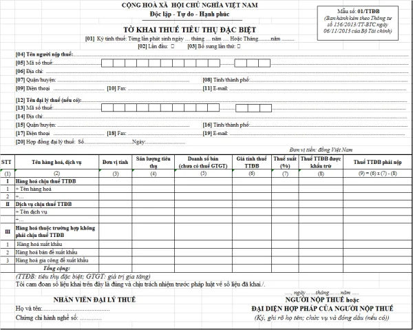 Mẫu số 01/TTĐB theo Thông tư số 156/2013/TT-BTC