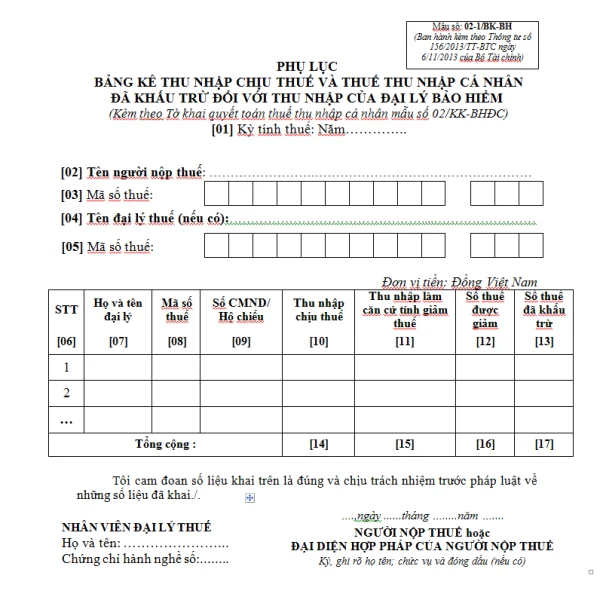 Mẫu 02-1/BK-BH Ban hành theo Thông tư 156/2013/TT-BTC