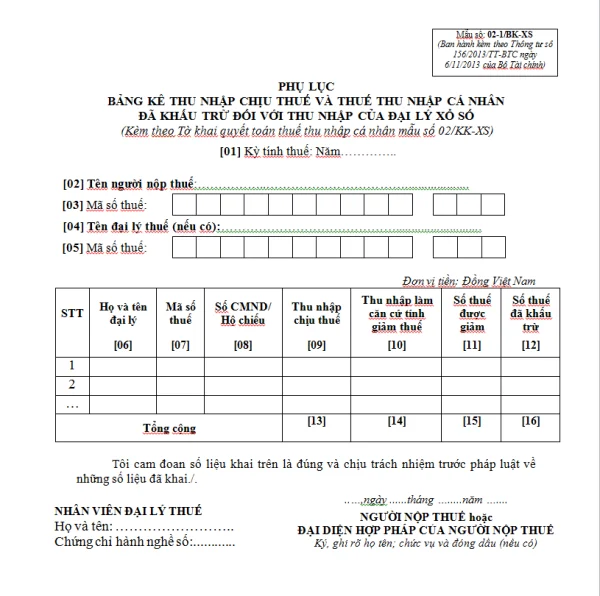 Mẫu 02-1/BK-XS Ban hành theo Thông tư 156/2013/TT-BTC