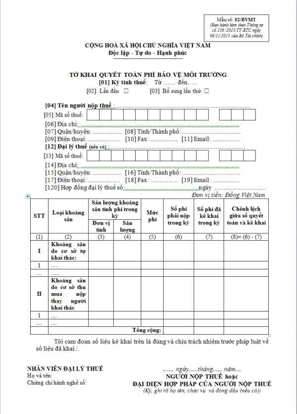 Mẫu 02/BVMT Ban hành theo Thông tư 156/2013/TT-BTC