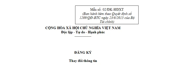 Mẫu 02/ĐK-HĐXT Ban hành theo Quyết định 1209/QĐ-BTC