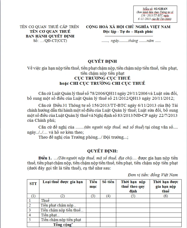 Mẫu 02/GHAN Ban hành theo Thông tư 156/2013/TT-BTC