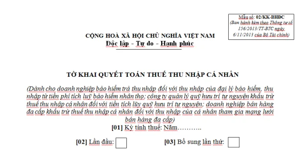 Mẫu 02/KK-BHĐC Ban hành theo Thông tư 156/2013/TT-BTC