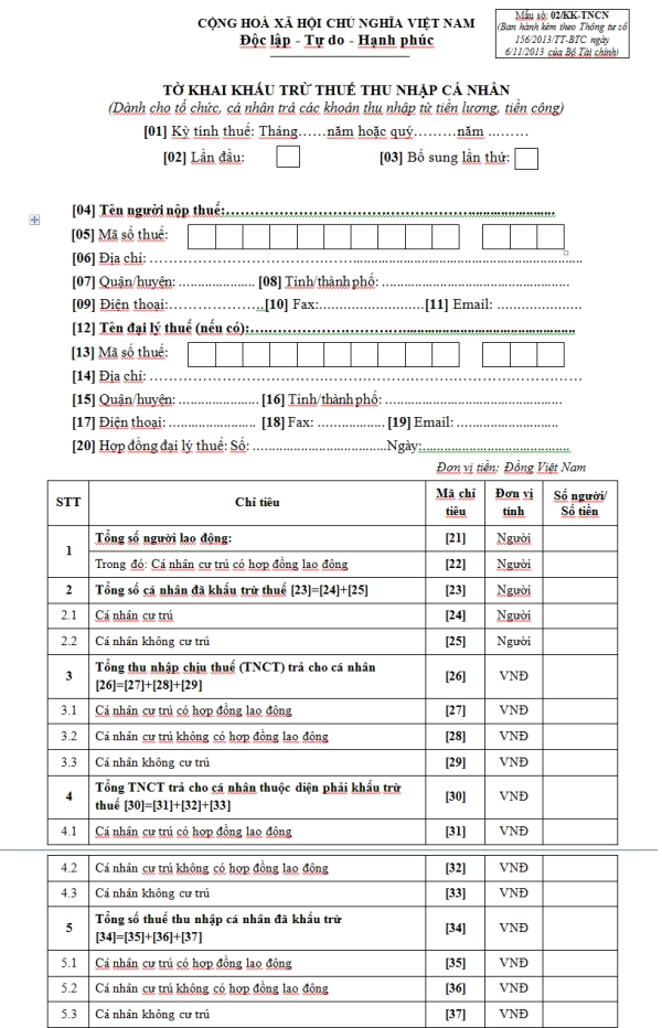 Mẫu: 02/KK-TNCN Ban hành theo Thông tư 156/2013/TT-BTC