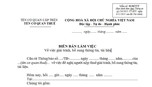 Mẫu 02/KTTT Ban hành theo Thông tư 156/2013/TT-BTC