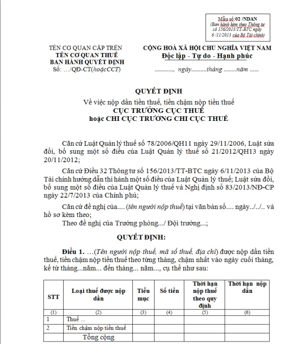 Mẫu 02/NDAN Ban hành theo Thông tư số 156/2013/TT-BTC