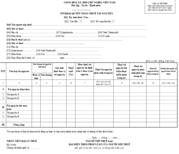 Mẫu 02/TAIN Ban hành theo Thông tư 156/2013/TT-BTC