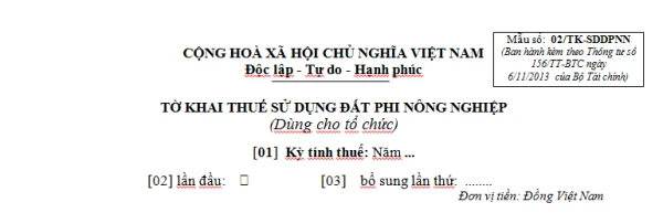 Mẫu 02/TK-SDDPNN Ban hành theo Thông tư 156/TT-BTC