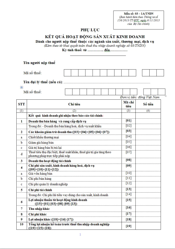 Mẫu 03 – 1A/TNDN Ban hành theo Thông tư 156/2013/TT-BTC