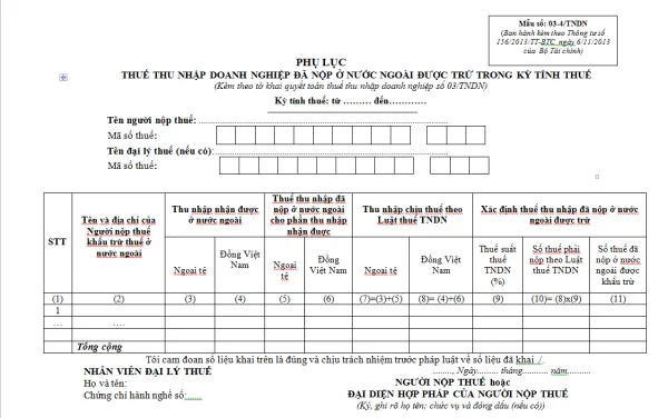 Mẫu 03-4/TNDN Ban hành theo Thông tư 156/2013/TT-BTC