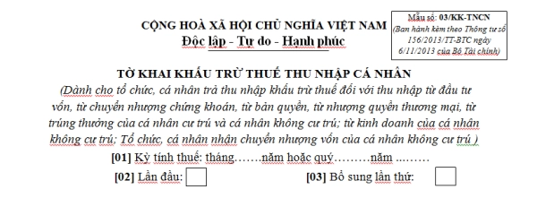 Mẫu: 03/KK-TNCN Ban hành theo Thông tư 156/2013/TT-BTC