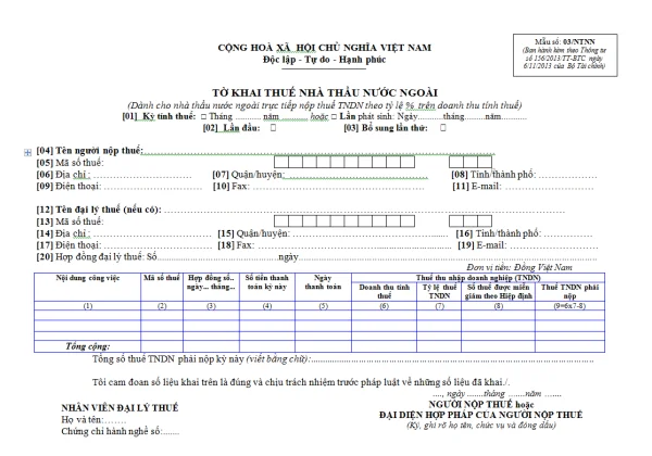 Mẫu 03/NTNN Ban hành kèm theo Thông tư 156/2013/TT-BTC