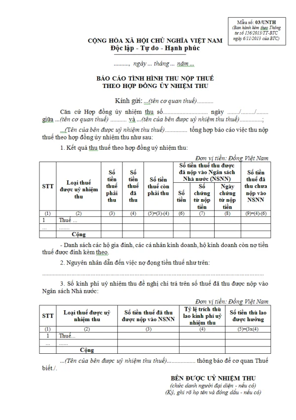 Mẫu 03/UNTH Ban hành theo Thông tư 156/2013/TT-BTC