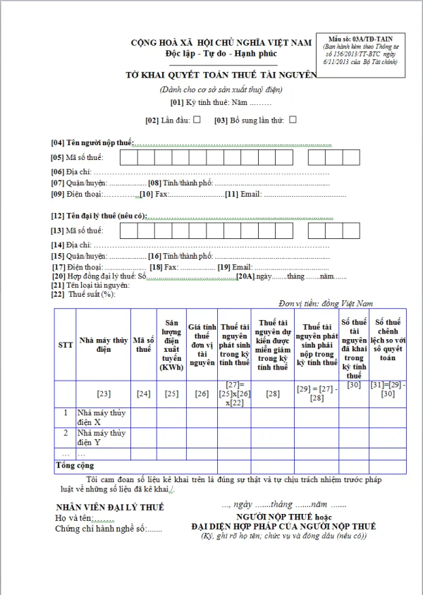 Mẫu 03A/TĐ-TAIN Ban hành theo Thông tư 156/2013/TT-BTC