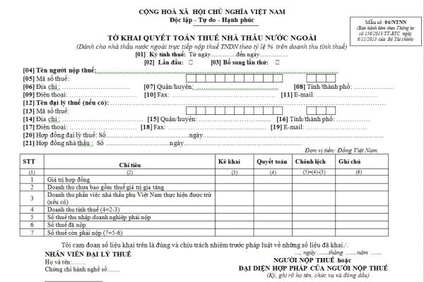 Mẫu 04/NTNN Ban hành theo Thông tư 156/2013/TT-BTC