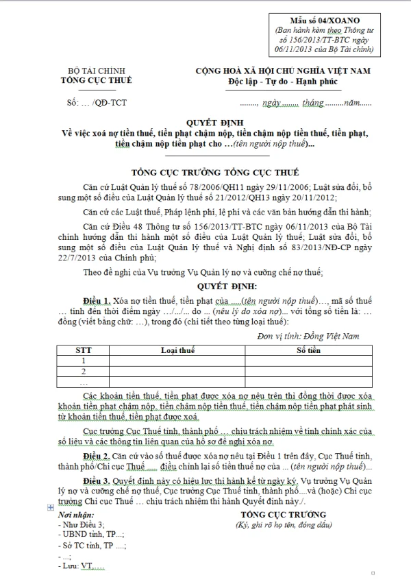 Mẫu 04/XOANO Ban hành theo Thông tư 156/2013/TT-BTC