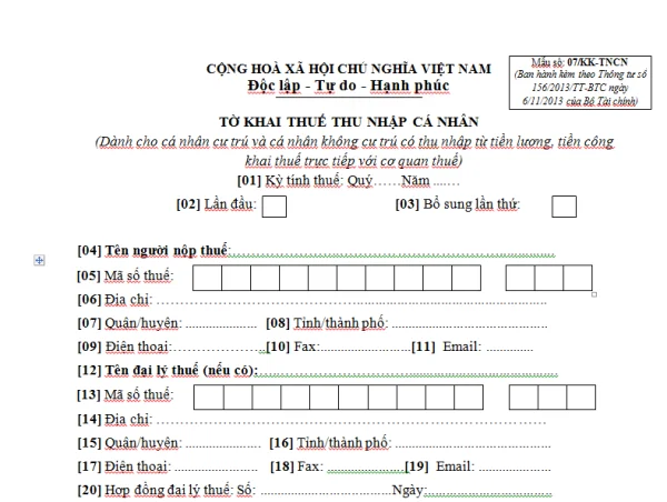 Mẫu 07/KK-TNCN Ban hành theo Thông tư 156/2013/TT-BTC