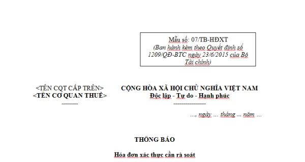 Mẫu 07/TB-HĐXT Ban hành theo Quyết định 1209/QĐ-BTC