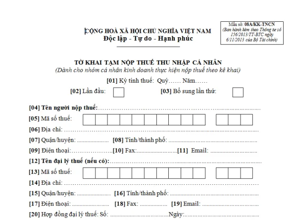 Mẫu 08A/KK-TNCN Ban hành theo Thông tư 156/2013/TT-BTC