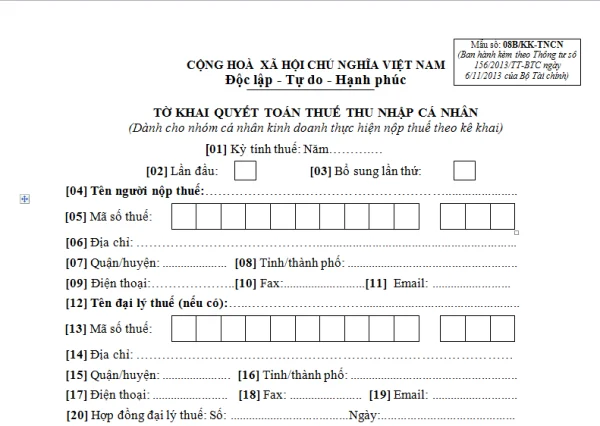 Mẫu 08B/KK-TNCN Ban hành theo Thông tư 156/2013/TT-BTC