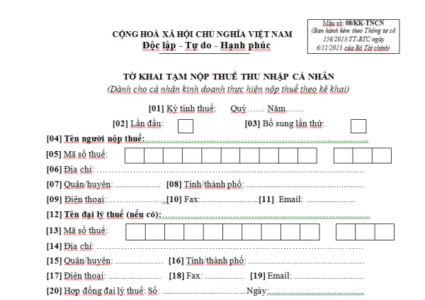 Mẫu 08/KK-TNCN Ban hành theo Thông tư 156/2013/TT-BTC