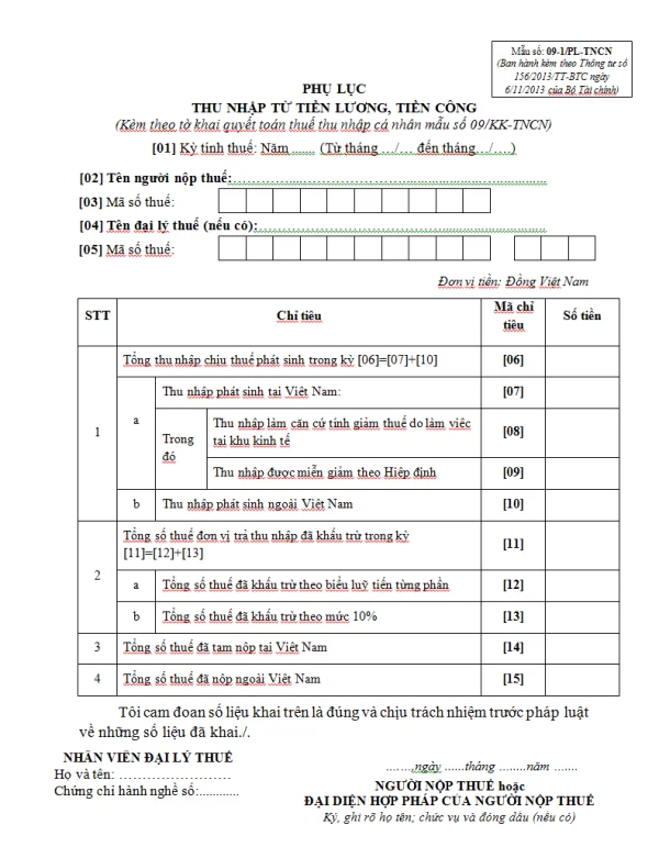 Mẫu 09-1/PL-TNCN Ban hành theo Thông tư 156/2013/TT-BTC