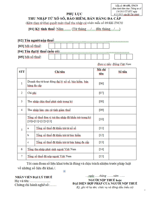 Mẫu 09-4/PL-TNCN Ban hành theo Thông tư 156/2013/TT-BTC