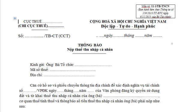 Mẫu 11-1/TB-TNCN Ban hành theo Thông tư 156/2013/TT-BTC