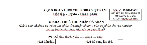 Mẫu 12/KK-TNCN Ban hành theo Thông tư 156/2013/TT-BTC