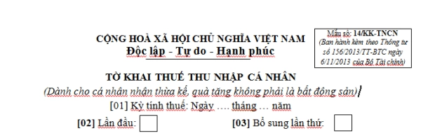 Mẫu 14/KK-TNCN Ban hành theo Thông tư 156/2013/TT-BTC