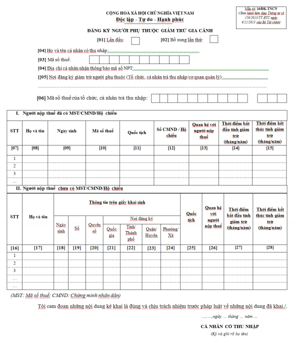 Mẫu 16/ĐK-TNCN Ban hành theo Thông tư 156/2013/TT-BTC