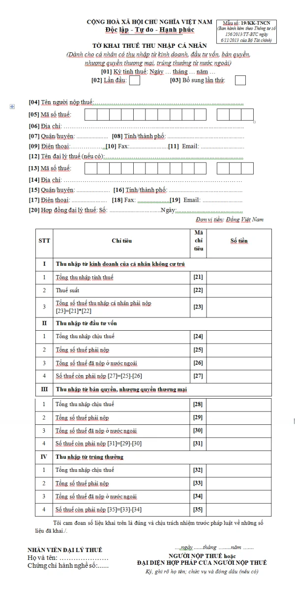 Mẫu 19/KK-TNCN Ban hành theo Thông tư 156/2013/TT-BTC