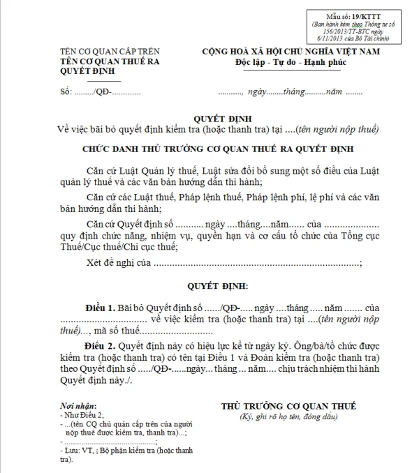 Mẫu 19/KTTT Ban hành theo Thông tư 156/2013/TT-BTC