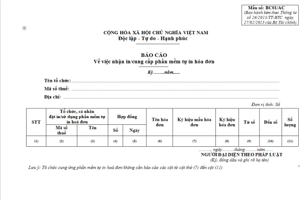 Mẫu BC01/AC ban hành theo Thông tư số 26/2015/TT-BTC