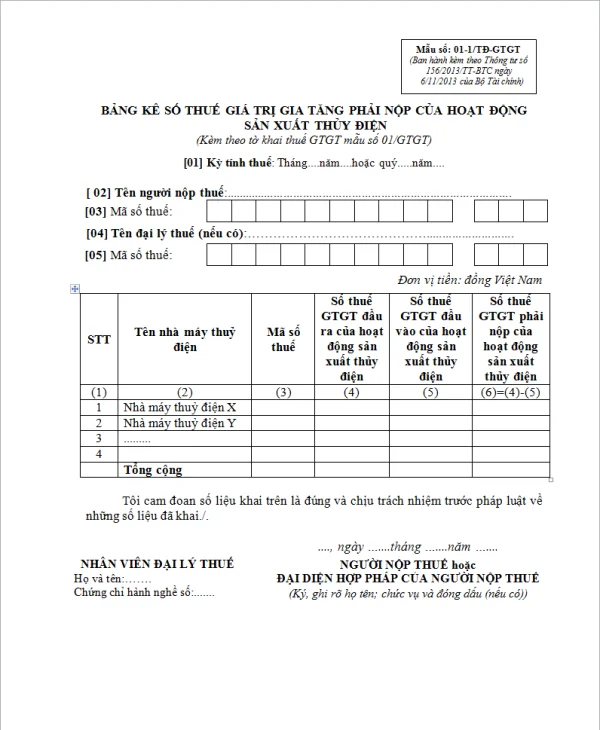 Mẫu số 01-1/TĐ-GTGT theo Thông tư số 156/2013/TT-BTC