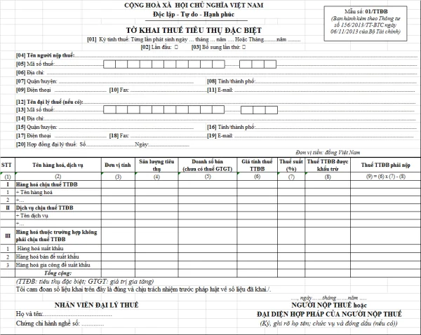 Mẫu số 01/TTĐB ban hành theo Thông tư số 156/2013/TT-BTC